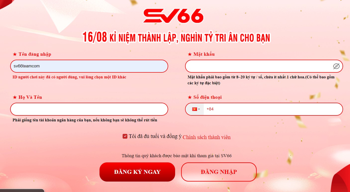 Đăng ký SV66 - Thao tác tạo tài khoản chỉ trong một nốt nhạc 13 Người chơi điền thông tin để đăng ký tài khoản SV66